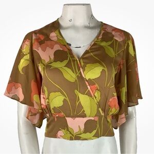 NWT Anthropologie Sz XS Cropped Satin Floral Print Y2K Look Blouse Multicolor
